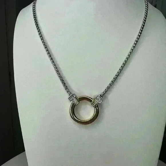 Two Tone w/Pave Crystal Circle Pendant Necklace - Picture 4 of 5